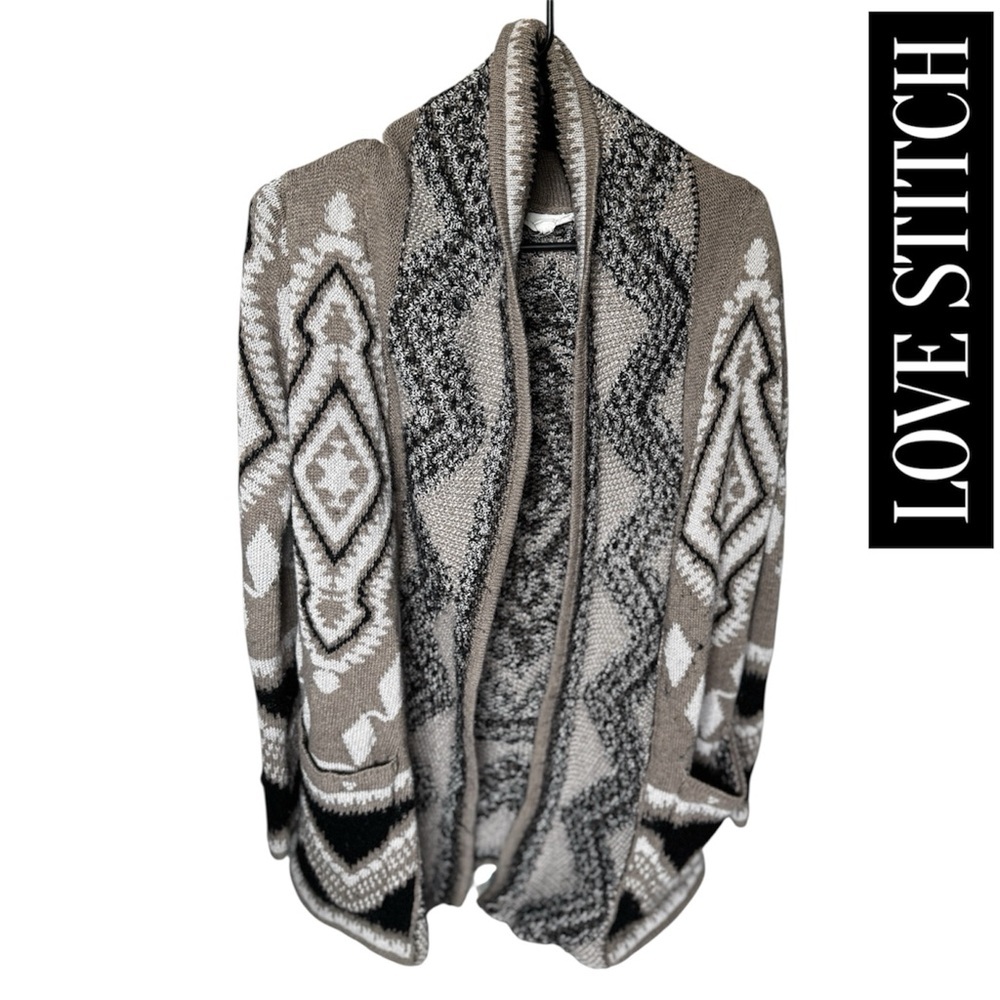 Love Stitch Cozy Boho Cardigan Open Front, Aztec Design Size M